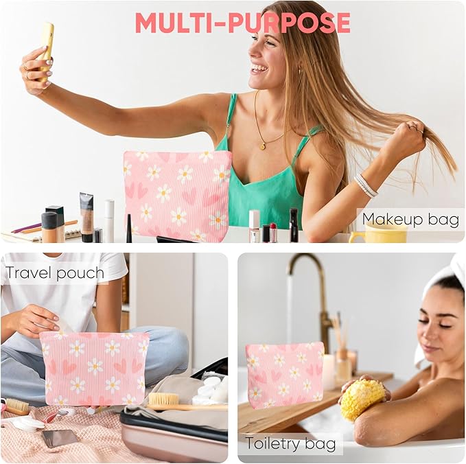 Ksriylm Cute Heart Flower Makeup Pouch for Women Small Make Up Bag for Purse Zipper Initial Makeup Cosmetic Bags Pouches for Purse Aesthetic Travel Toiletry Bags, Pink Floral Hearts