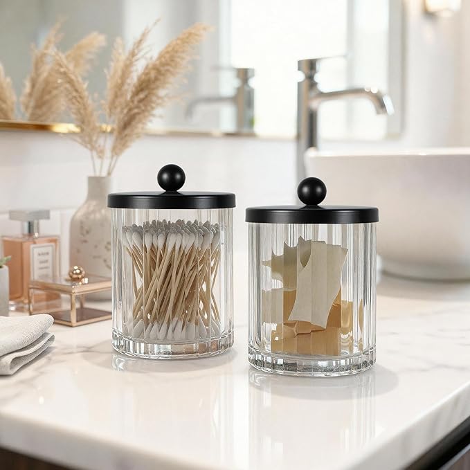 Amolliar Qtip Holder Dispenser for Cotton Swabs, Cotton Balls, Pads, Floss Picks, Clear Glass Canister Apothecary Jar, Bathroom Essential Accessories Decor, Bathroom Storage Organizer (Black, 2 Pack)