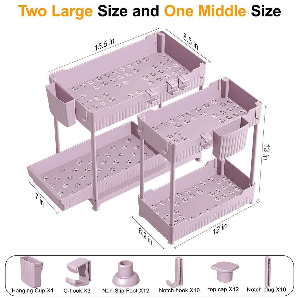 Sevenblue 3 Pack Under Sink Organizers, 2-Tier Multi-Use Kitchen and Bathroom Organizers and Storage with Sliding Drawers, Bathroom Cabinet Organizer (Pink, 14.8 Inch)