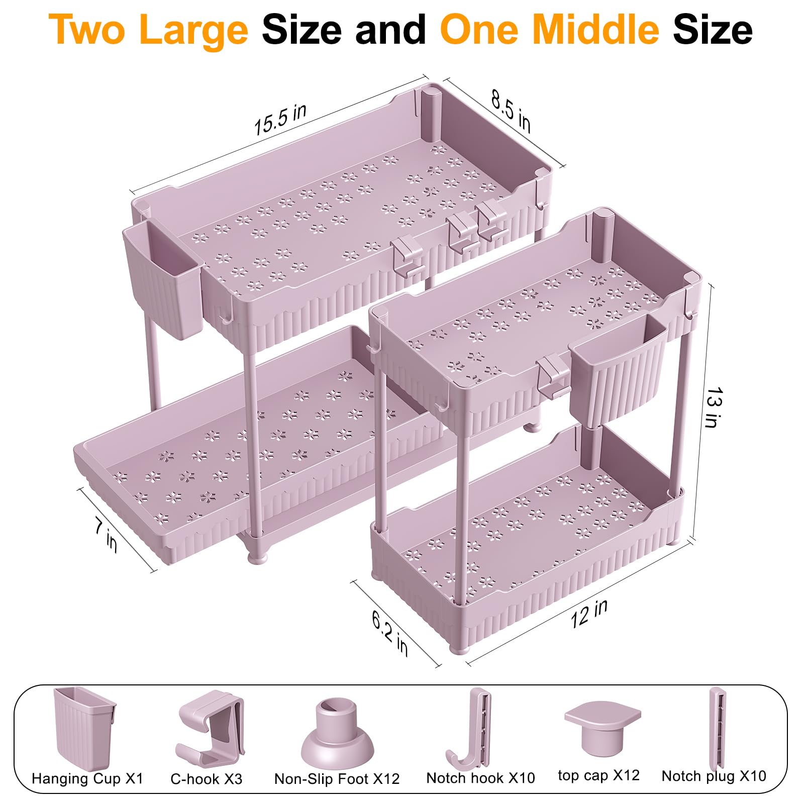 Sevenblue 3 Pack Under Sink Organizers, 2-Tier Multi-Use Kitchen and Bathroom Organizers and Storage with Sliding Drawers, Bathroom Cabinet Organizer (Pink, 14.8 Inch)