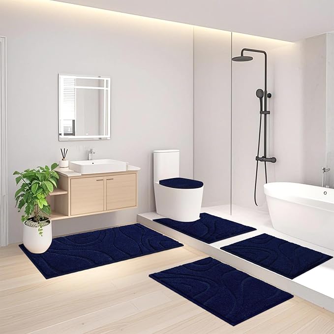 HEBE Bathroom Rugs Sets 5 Piece, Soft Absorbent Microfiber Bath Mat for Bathroom, Non Slip Washable Bath Rug Set with Toilet Cover, Bath Runner and U-Shaped Contour Toilet Rug, Navy Blue