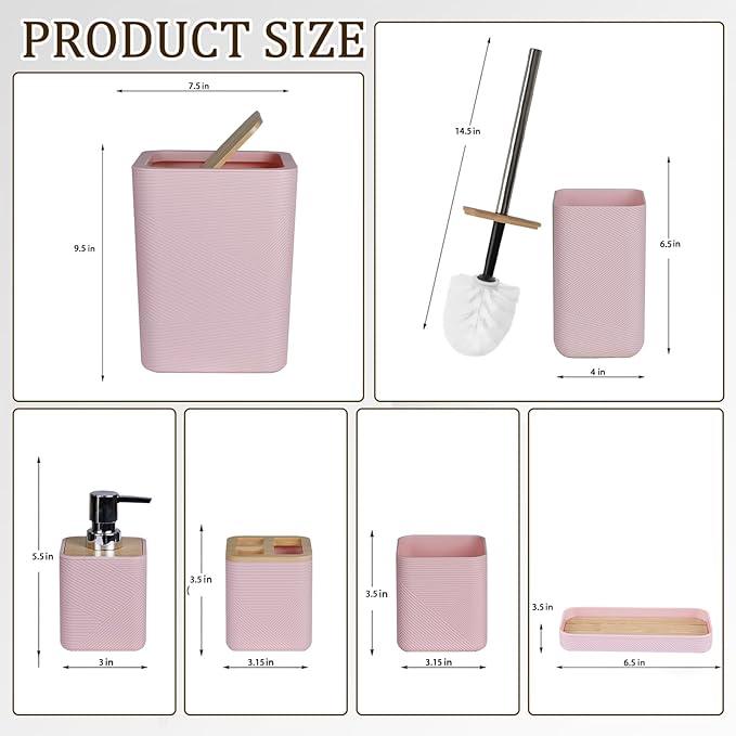 CERBIOR Bamboo Bathroom Accessories Set 6 Piece Bath Ensemble（Pink）