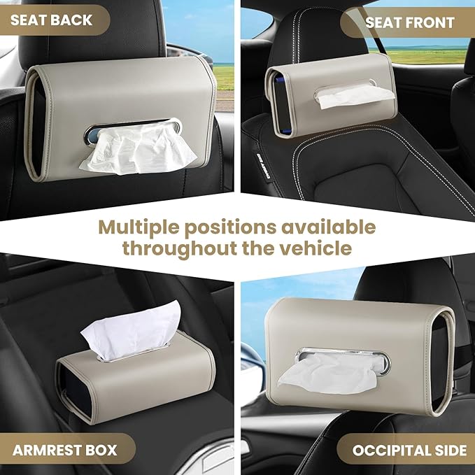 Car Tissue Holder, WHHMK Tissue Box Cover Keep Car Tidy,Premium PU Leather Backseat Napkin Rectangle Organizer, Extra Large Tissue Box Storage in Car Fits for 100-150 Regular Size Tissues,Grey(1 Pack)