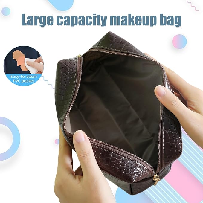 YUDEYG Makeup Bag for Purse, Compact Toiletry Pouch, Crocodile-Embossed Cosmetic Travel Bag, Small Makeup Pouch, Unisex Toiletry Travel Bag