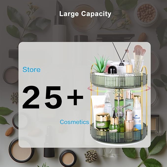 Niluks 360 Rotating Makeup Organizer, 2 Tier Lazy Susan Bathroom Counter Organizer, Skincare Organizers, Spinning Perfume Organizer & Vanity Organizer Countertop (Gem Green, 2 Tier)