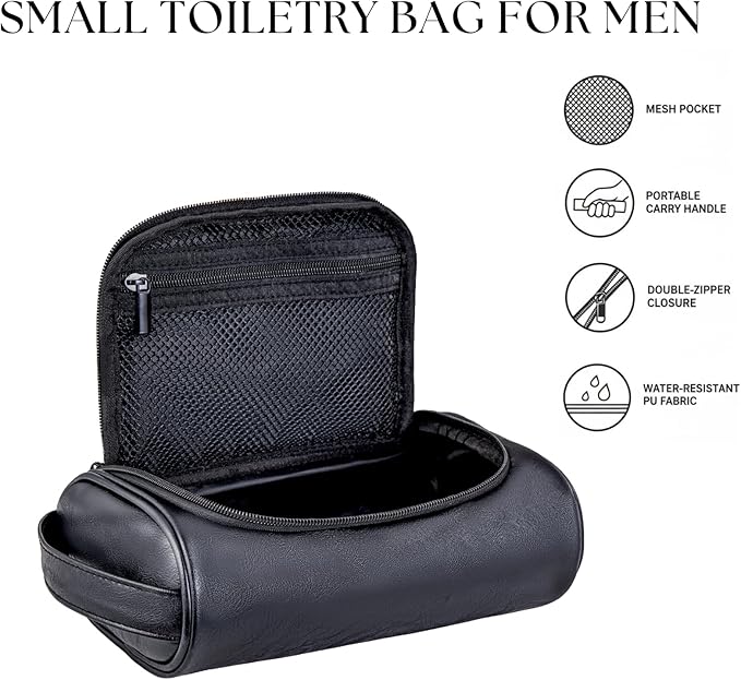 Mens Toiletry Bag, Compact Dopp Kit for Men Travel, PU Leather Shaving Kit, Water-Resistant Minimalist Organizer with Wrist Strap, Fits Grooming Essentials,Small 9X5.9X3 Inch Black
