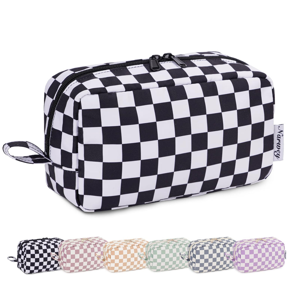 Narwey Checkered Makeup Bag, Travel Cosmetic Bag Organizer, Toiletry Bag Make Up Bags with Organized Pockets for Women (Black Checkerboard, Large)