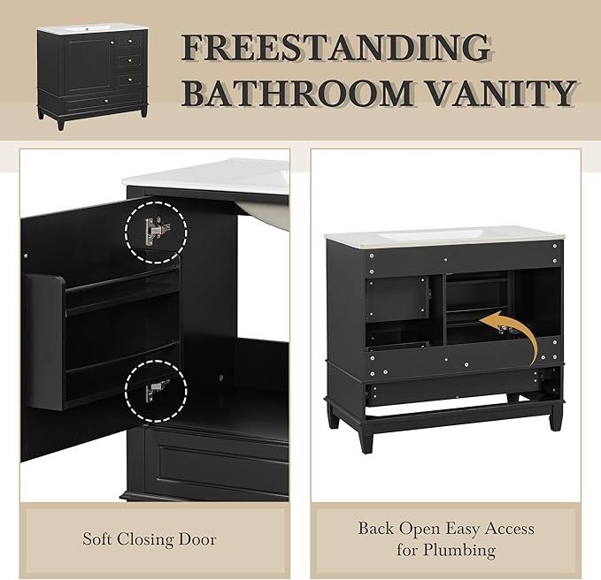 36" Bathroom Vanity with Sink, Harper & Bright Designs Free Standing Single Vanity Set with 3 Drawers and One Door with Storage Racks, Solid Wood Storage Cabinet with Ceramic Basin for Bathroom, Black