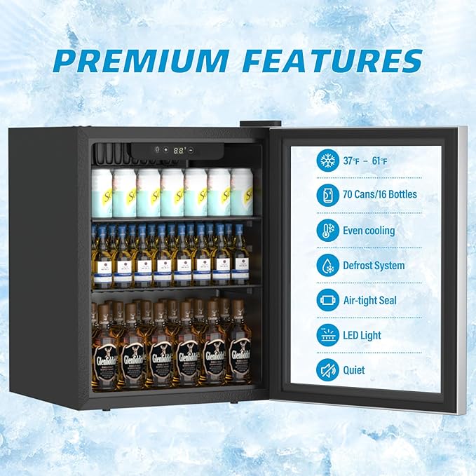 Erivess Beverage Refrigerator and Cooler, 76 Can/1.7 Cu Ft Mini Fridge with Glass Door, Adjustable Shelves for Soda,Beer,Wine, Free Standing Small Refrigerator, Digital Display, for Home, Bar, Office