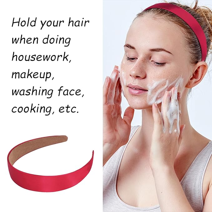 Wecoe 10 Pack Dark Red Headbands 1 Inch Wide Satin Headbands Women Non Slip Fashion Plain Solid Hairbands DIY Halloween Valentine' s Day Hair Accessories for Women Girls Diademas Para Mujer