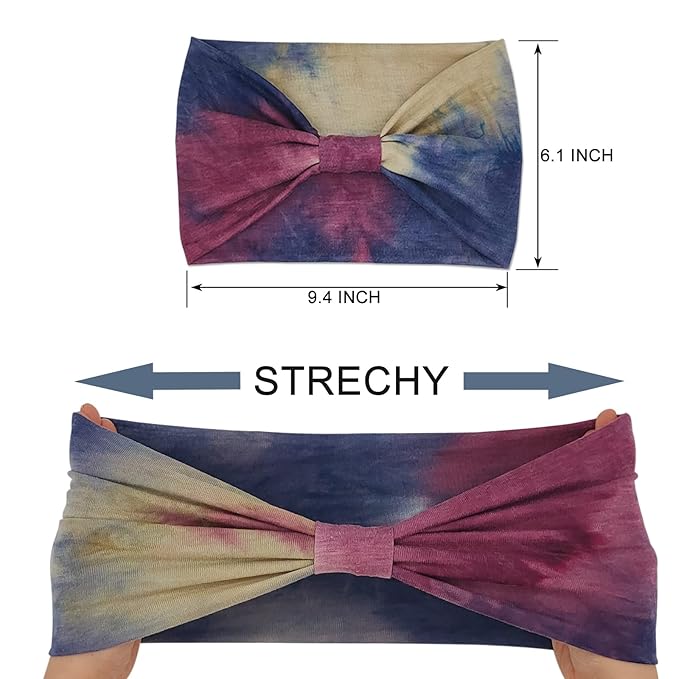Wide Boho Headbands for Women Fashion Knotted Headband Yoga Workout Hair Accessories African Head Wrap Red Tie Dye 4 Pack