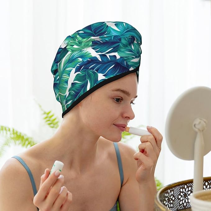 Tropical Palm Leaves Hair Towel Wrap Microfiber Fast Drying Hair Turban with Buttons for Women Drying Curly, Long & Thick Hair