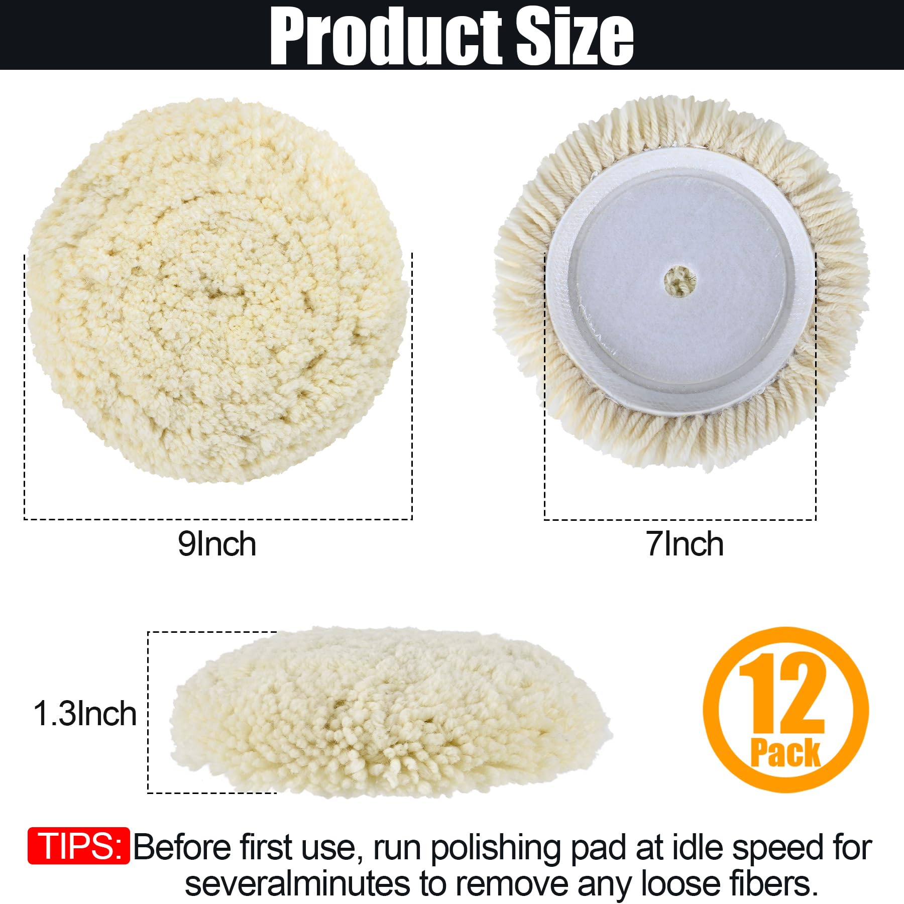 phepetroll 12 PCS Wool Buffing Polishing Pads 7 Inch, Natural Wool Cutting Pads with Hook and Loop Backing Compound & Polishing for Automotive Car Boats Glass Furniture Repair
