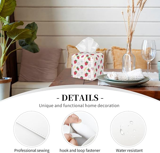Cute Pink Strawberries Tissue Box Cover Square,Cartoon Strawberry Fruits Tissue Box Holder Waterproof Leather Facial Paper Organizer Dispenser for Bathroom Home Car Nightstand Vanity Desk