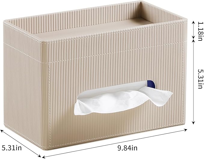 Tissue Box Cover Rectangle with Storage Tray, PU Leather Tissue Holder for Bathroom Vanity Countertop Night Stands Bedroom Office Desk, Stylish Rectangular Tissue Box Holder (Beige)