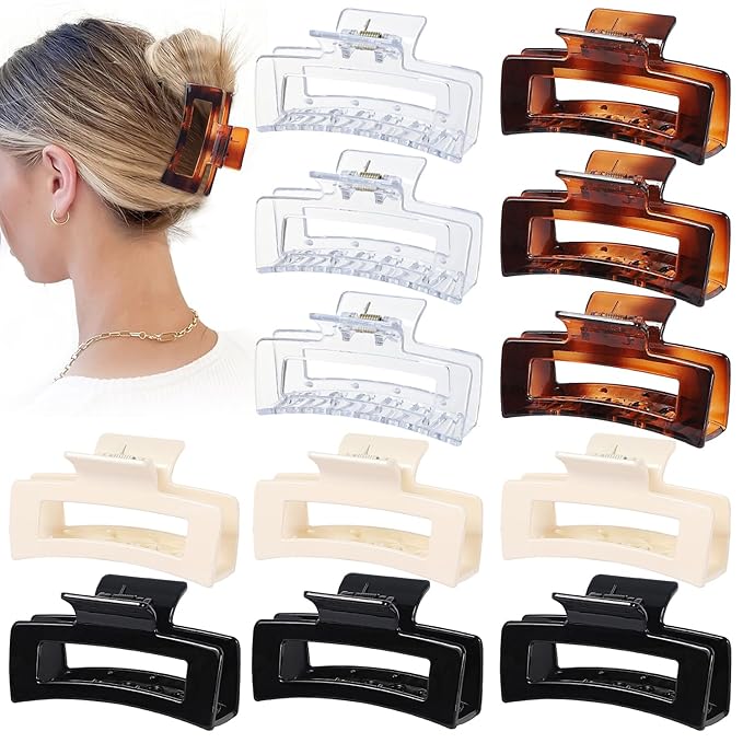 Sisiaipu 3.5 Inch Medium Square Claw Hair Clips, 12 Pcs Transparent, Amber, Glossy Black for Thick and Thin Hair - Hair Accessories for Women and Girls