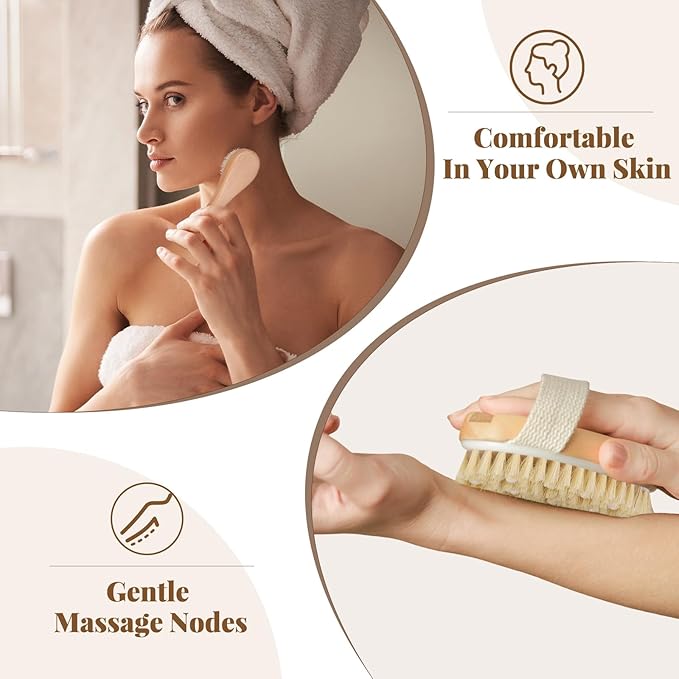 BONUMVITA Dry Brushing Body Brush Set- Wooden Long Handle Body Brush Set with Pumice Stone & Face Brush, Boar Bristle Body Bath Scrubber Brush for Lymphatic Drainage & Cellulite, Detachable