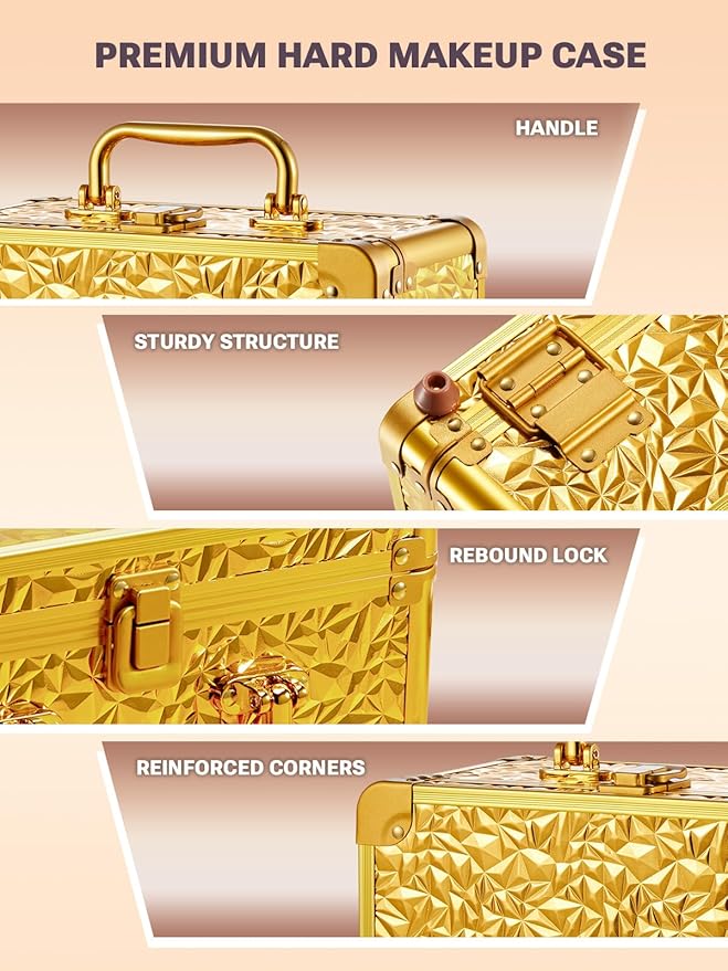 Qislee Makeup Box with A Detachable Lighted Mirror, Waterproof Travel Train Case, Cosmetic Organizer Bag and Makeup Suitcase with Adjustable Dividers, Magnetic LED Mirror (Bling Gold)
