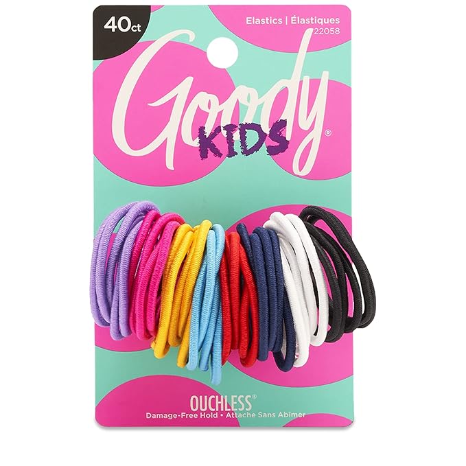 Goody Kids Ouchless Hair Elastics – No Pull, No Breakage, Tangle-Free Hold for Fine Hair – 40 Count, Assorted Colors, Long-Lasting Ponytail Holders for Girls & Boys