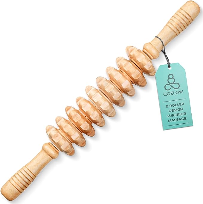 COZLOW Wooden Massage Roller Stick (9 Rollers) - Curved Wood Therapy Massage Tool for Body Sculpting, Fascia Release & Lymphatic Drainage - Maderotherapy Helps Reduce Cellulite Appearance