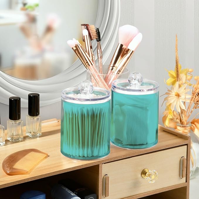 Pale Turquoise Qtip Holder Organizer Dispenser Cotton Swabs Cans Plastic Jars with Lid Set 2 Pack Bathroom Storage Canister for Cotton Ball Floss Cotton Pads