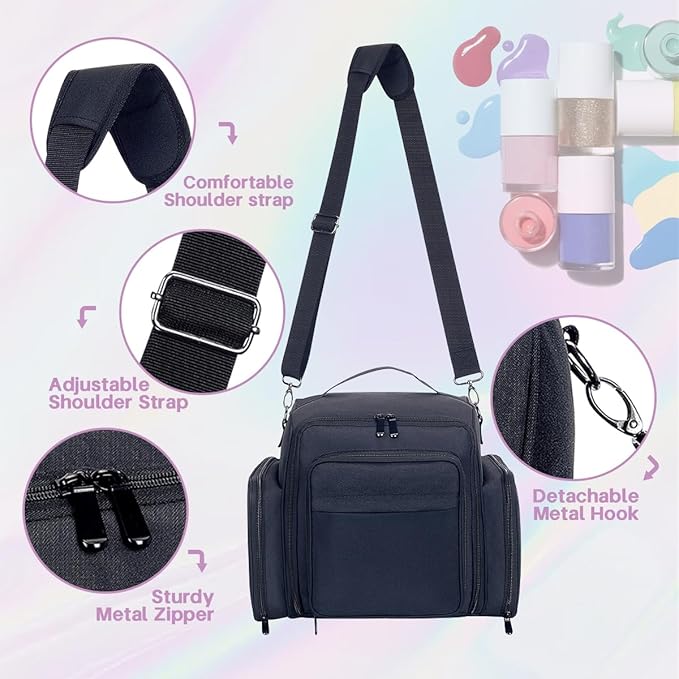 YAHOURWAT Nail Polish Organizer Holds 60 Bottles and a Nail Lamp,Portable Travel Case with 2 Removable Bags and Tools Storage Pockets Black