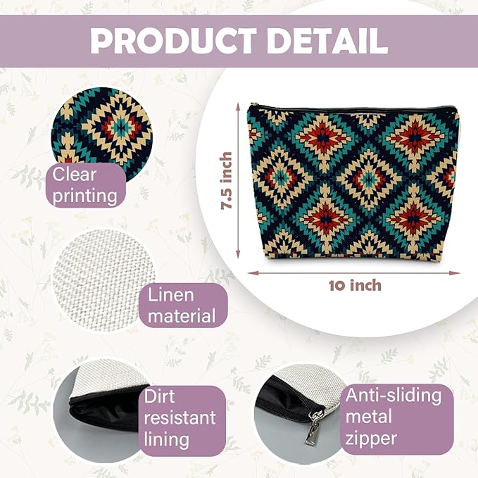 RYYCDOI Boho Aztec Makeup Bag, Ethnic Southwestern Navajo Tribal Cosmetic Bag for Women, Western Gifts and Accessories