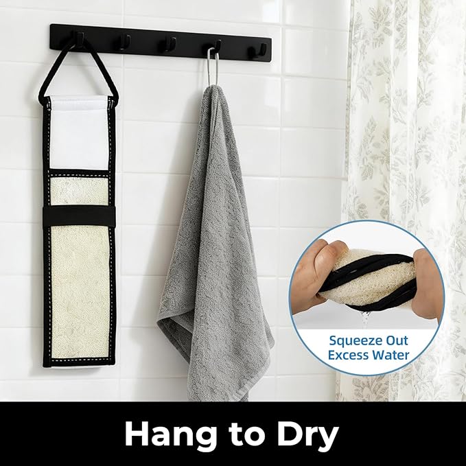 Natural Loofah Back Scrubber, Double-Sided Exfoliating Body Scrubber with Handy Strap for Deep Cleaning, Durable Bath Shower Luffa Sponges for Men and Women (Black)