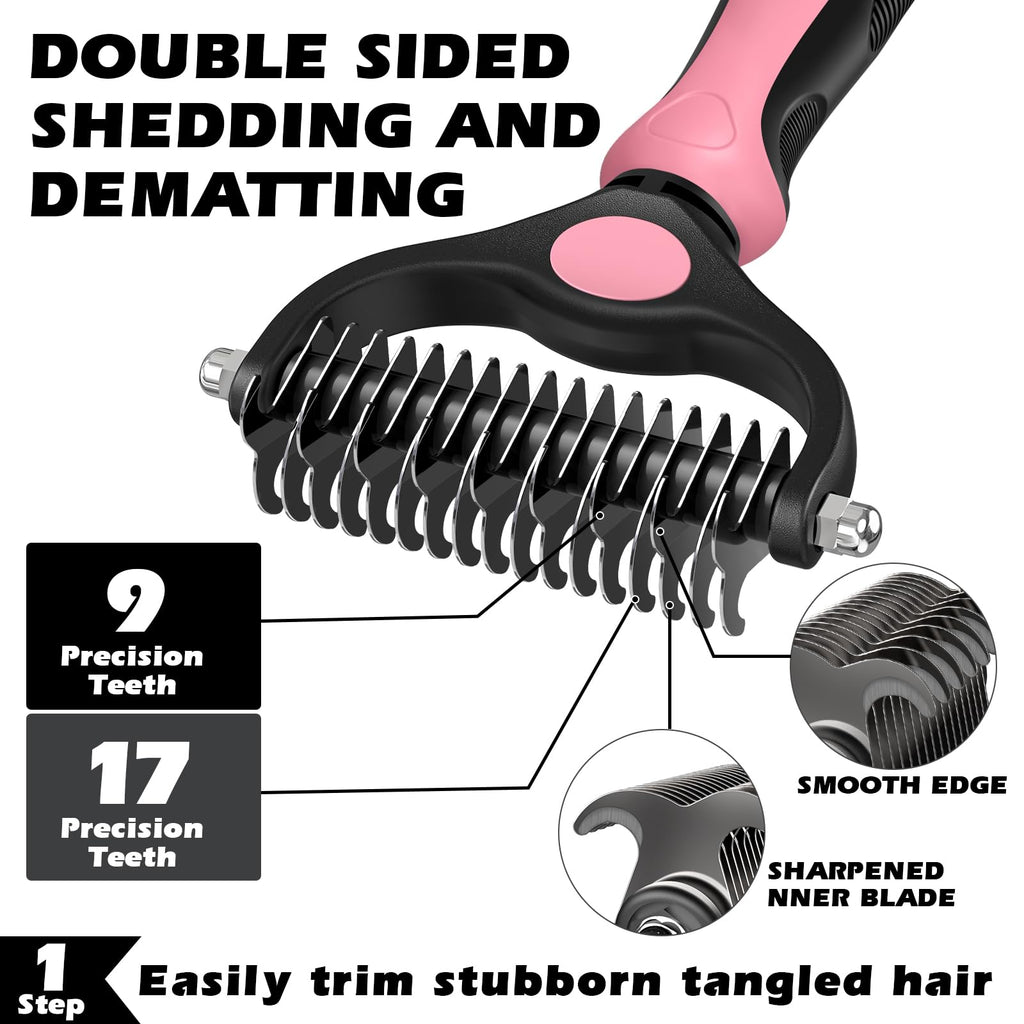 Professional 3PCS Self Cleaning Slicker Brush & Pet Grooming Rake & Flea Comb for Dogs,Cats and Horses | Double-Sided Dematting Comb & Skin Friendly Deshedding Grooming Tool (Light Pink)