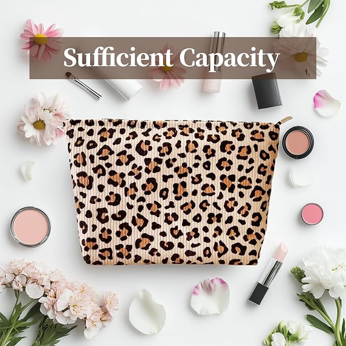 itgowisa Leopard Print Corduroy Makeup Bag, Travel Makeup Pouch for Purse