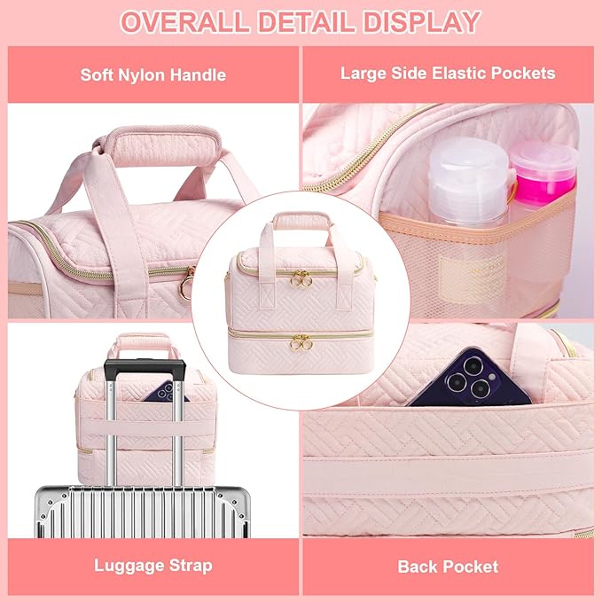 Veirdro Nail Polish Organizer Bag Holds 80 Bottles (15ml/0.5fl.oz)& Nail Lamp, Soft Velvet Nail Kit Storage Carrying Case with Shoulder Strap, Double Layer Nail Supplies Organizer Handbag Women (Pink)
