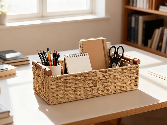Back of Toilet Basket, Khaki Wicker Toilet Tank Basket for Toilet Paper Storage, Basket for Toilet Tank Top, Neutral Bathroom Organizer for Wipes & Essentials