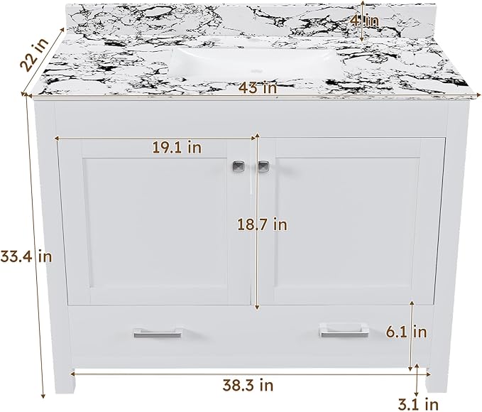 Montary 42" Bathroom Vanity with 43" Artificial Marble Black White Top, Modern Stylish MDF Bathroom Storage Cabinet, Vanity Set with 2 Doors and One Large Divided Drawer, White (Three Holes)