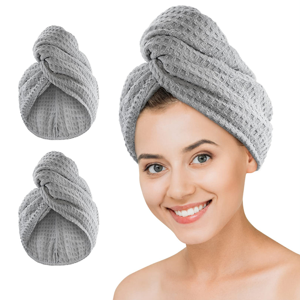 Microfiber Hair Drying Towel: 2 Pcs Waffle Long Hair Turban Wraps (Gray)