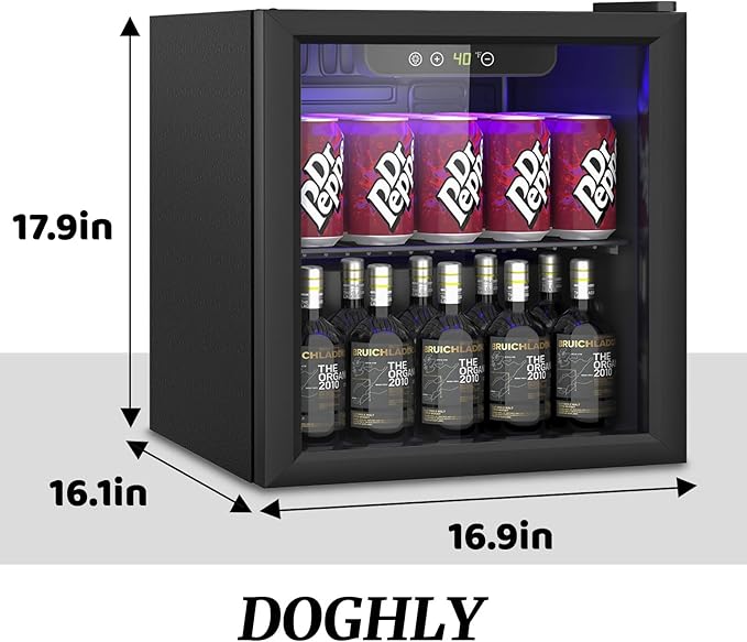 DOGHLY 1.3 Cu.ft Beverage Refrigerator Cooler, 60 Cans Mini Fridge with Glass Door, and Temperature controllable switch for Soda, Beer or Wine For Office or Bar with Removable Shelves