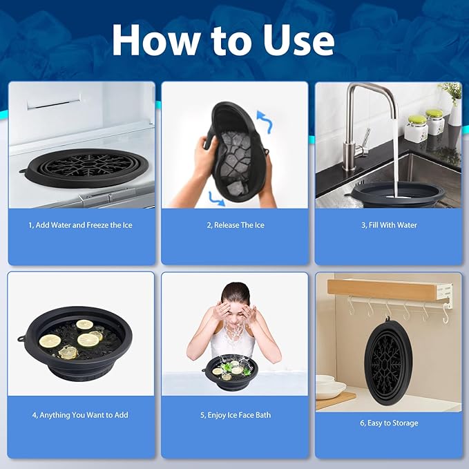PETIMETI Ice Bowl for Face with Built-in Ice Tray, Foldable Silicone Face Bowl for Ice, Facial Ice Bath Bowl, Skin Tightening & Acne Relief, Portable Ice Face Bowl for Home Travel - Black