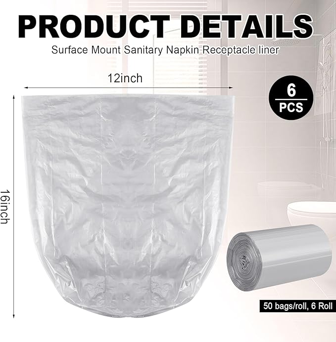 Maxdot 6 Roll 50 Bags Sanitary Napkin Disposal Receptacle Liner Surface Mount Feminine Hygiene Liner Plastic Bags for Wall Mountable Receptacles or Bin, Bathroom, Commercial, Restroom, 12 x 16 Inch