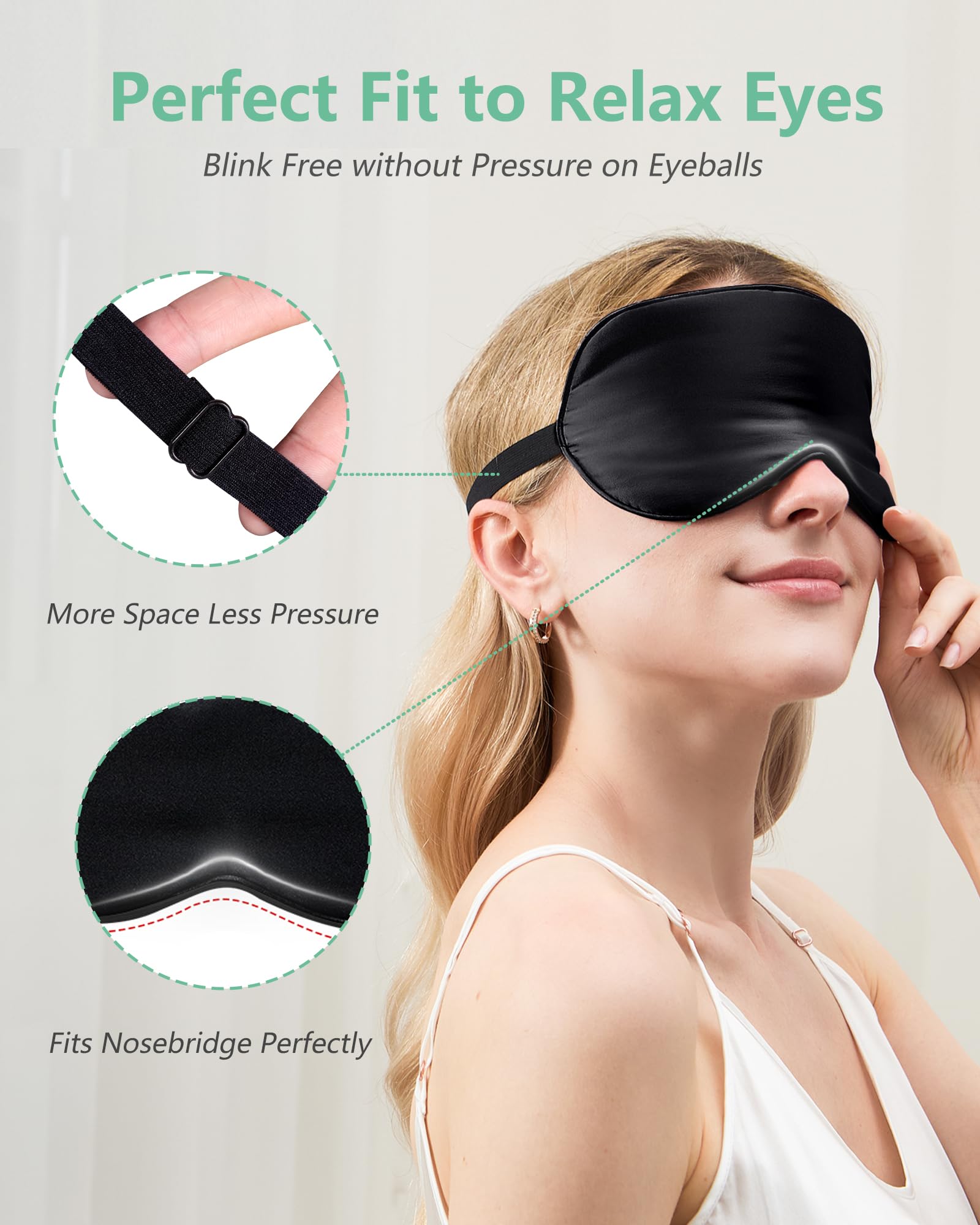 BeeVines 100% Real Mulberry Silk 2 Pack Sleep Mask, Pure Silk Eye Masks with Adjustable Strap for Sleeping, Block Light Eye Shade Cover, Reduces Puffy Eyes Traveling Gifts(Black & Peacock Blue)