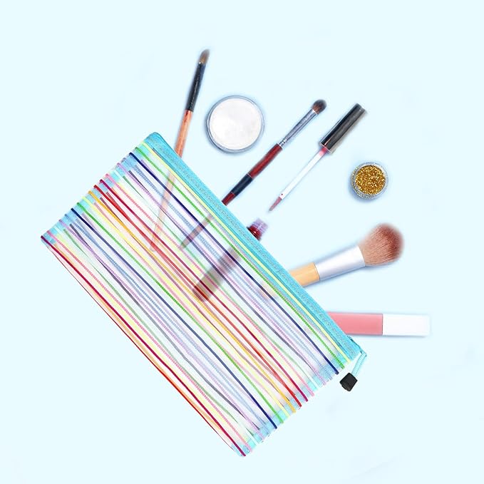 CarryEpic Mesh Bags with Zipper (6 Pack), Nylon Makeup Bag Cosmetic Pouches Travel Organizer Case for Purse Diaper Bag Home Organizing Striped Multi Size Blue