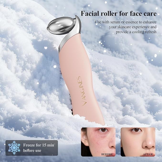 Vangines Ice Roller for Face & Eyes, Cooling Facial Roller with Blackhead Remover & 2 Silicone Brushes, Stainless Steel Face Roller for Puffiness, Pores & Deep Cleansing (Pink)