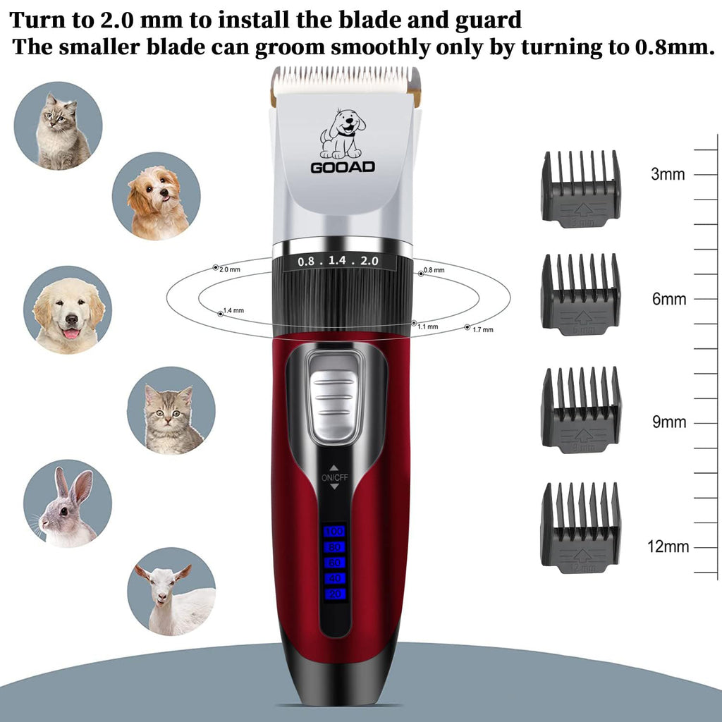 Gooad Dog Clippers Grooming Kit and Paw Trimmer,Cordless,Low Noise, Electric Quiet,Rechargeable, Dog Trimmer Grooming, Pet Hair Clippers for Thick Coats,Shaver for Small and Large Dogs Cats(Red)
