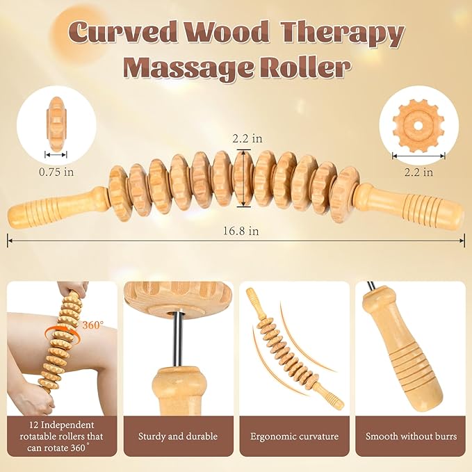 RACOC Curved Wood Therapy Massage Roller Tools,Wooden Lymphatic Drainage Massager,Cellulite Massage Tool & Muscle Roller Stick for Cellulite Reduction,Muscle Tension and Body Shaping