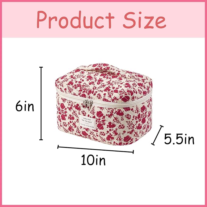 uekeboag Large Travel Quilted Makeup Bag for Women, Floral Cotton Cosmetic Bag, Coquette Aesthetic Floral Toiletry Organizer Bag(Hot pink