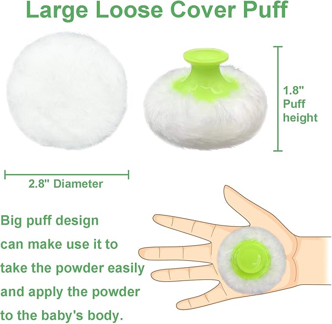BPA Free Baby Powder Puff Box, Large 2.8" Fluffy Body After-Bath Powder Case, Baby Care Face/Body Villus Powder Puff Container, Makeup Cosmetic Talcum Powder Container with Hand Holder (Green)