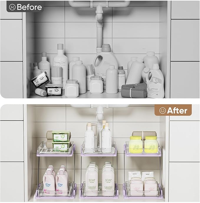 AUGBEAN 3 Pack Bathroom Organizers and Storage - Multi-Purpose,2-Tier Clear Pull Out Organization for Bathroom,Under Sink,Kitchen,Vanity,Countertop,Cabinet,Pantry & Medicine Cabinet,Pink