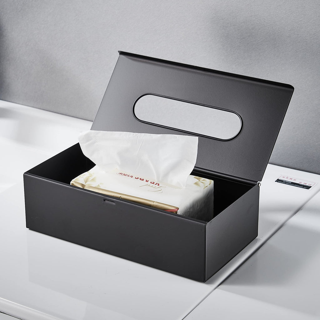 JunSun Rectangular Tissue Box Cover Tissue Box Holder Napkin Holder Tissue Storage Box Facial Tissue Holder Decorative Holder For Bathroom Bedroom Nightstand Office Dresser-Stainless Steel Matte Black