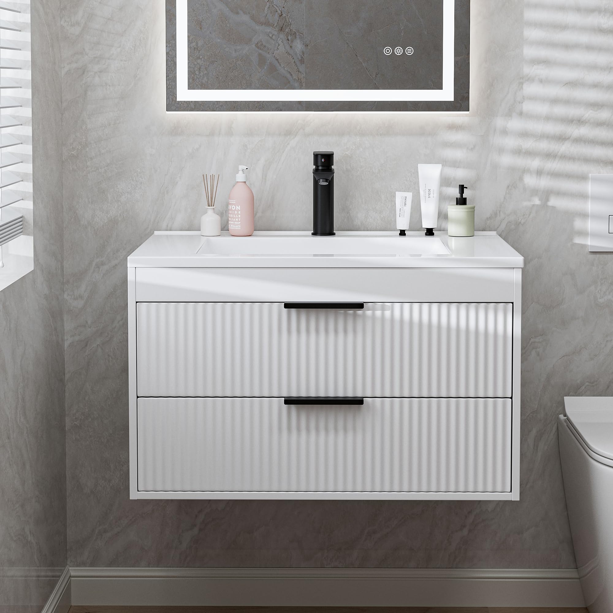 30 Inches Modern MDF Bathroom Vanity with Sink, Wall Mounted Floating Cabinets w/Double Drawers, Black Handles, White Resin Sink Combo Set (White, 30")