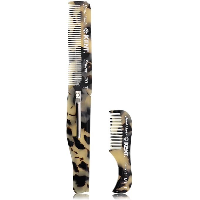 Kent Set Men's Hair Pocket Combs, 81T X-Small, 20T Fine Tooth Folding Comb. Best Hair, Beard and Mustache Grooming Kit for Travel and Home Care, Handmade in England