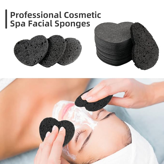 100-Count Compressed Facial Sponges for Estheticians Heart Shape Natural Cellulose Sponge Professional Cosmetic Spa Sponges for Face Cleansing, Massage, Pore Exfoliating, Mask, Makeup Removal, Black