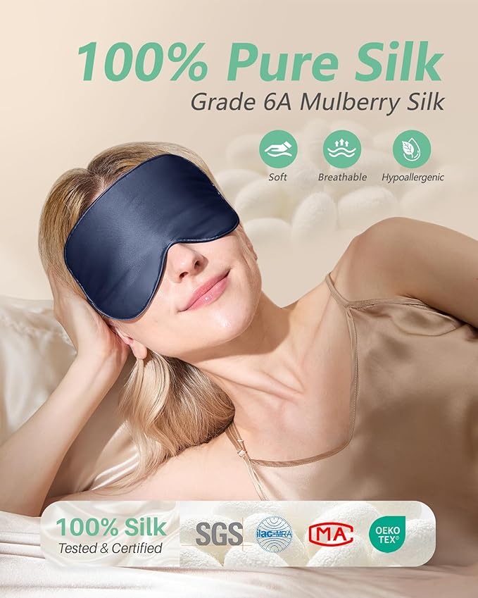 BeeVines 100% Real Mulberry Silk 2 Pack Sleep Mask, Pure Silk Eye Masks with Adjustable Strap for Sleeping, Block Light Eye Sleep Shade Cover, Reduces Puffy Eyes Traveling Gifts(Black & Blue)